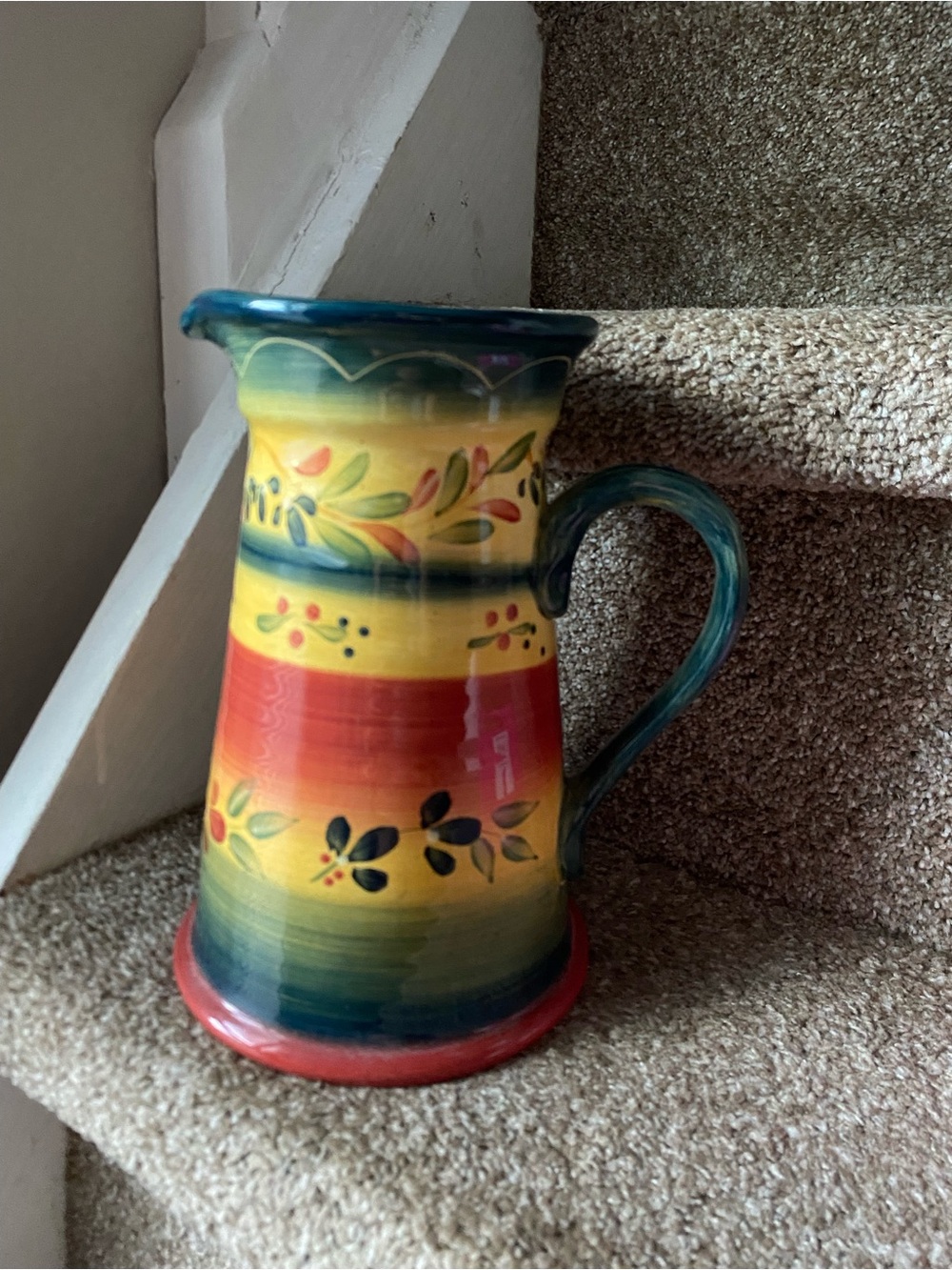 Kohl's Hand-Painted Ceramic Pitcher in Yellow, Red & Teal